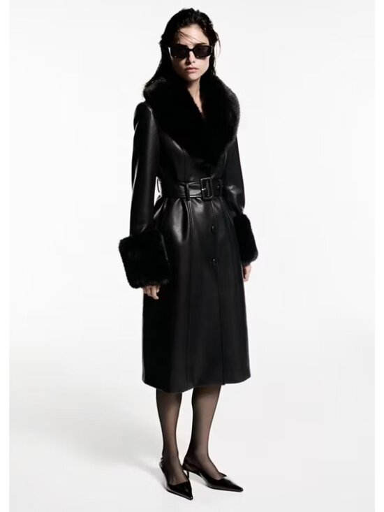 Mango Jackets & Blazers - Mango Black Faux Leather Trench Coat with Fur Trim